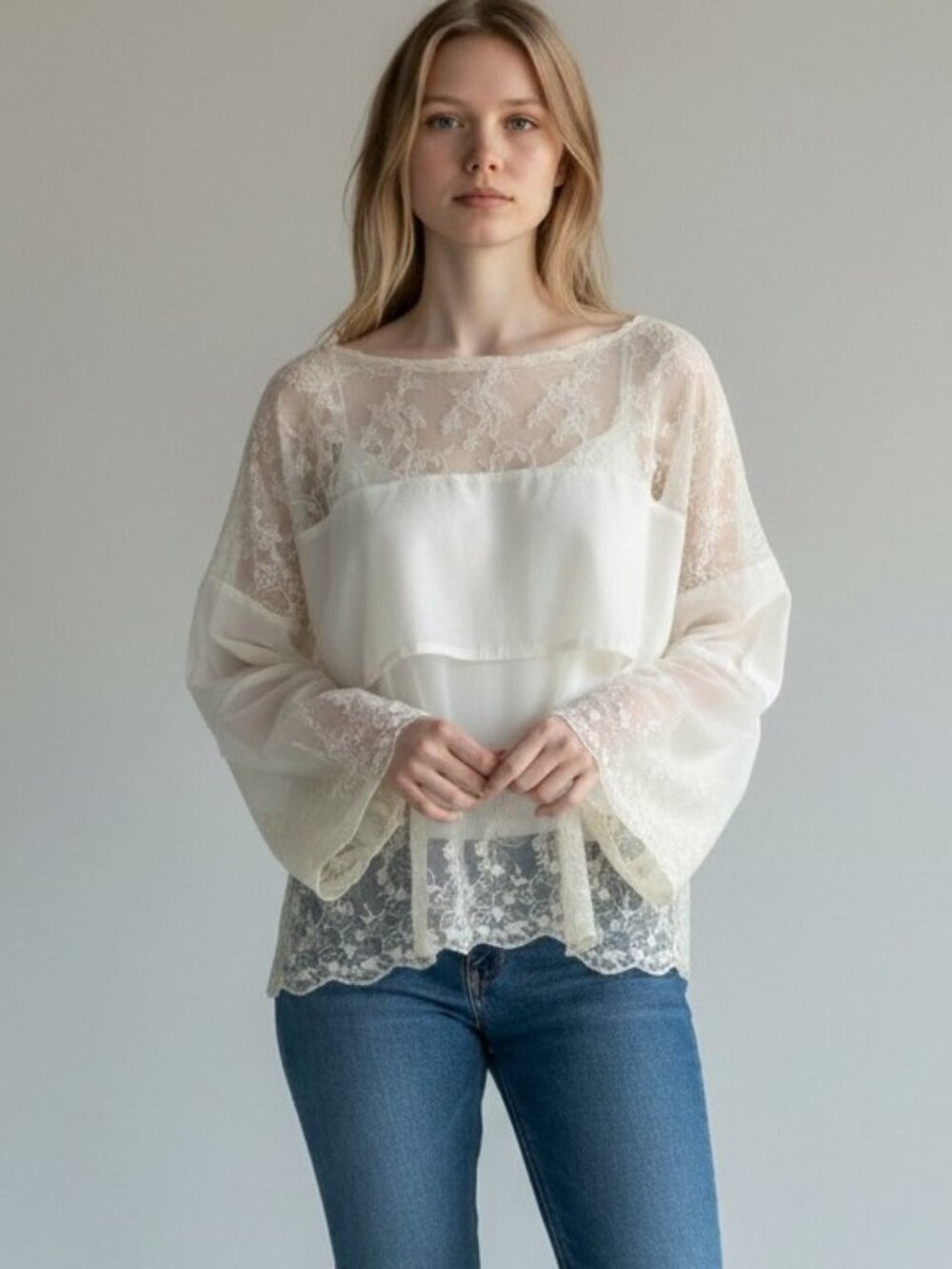 Free People Angel Wings Sheer Off White Bell Sleeve Floral Lace Tunic